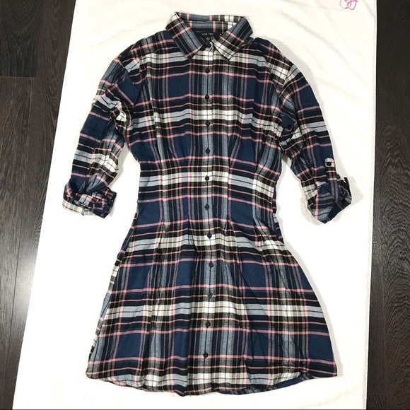 Plaid Long Sleeve Button Down Mini Dress in Blue - Picture 7 of 14